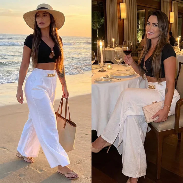 Pantalones de cintura alta y pernera ancha con detalle de cinturón