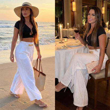 Pantalones de cintura alta y pernera ancha con detalle de cinturón