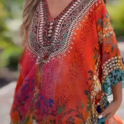 Vestido asimétrico de mujer con cuello en V y corte holgado